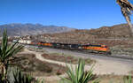 Hill 582: wahrlich eine sehr gute Fotostelle! Der Containerzug kämpft sich lautstark auf dem BNSF-Gleis bergwärts. Im Hintergrund ist das UP-Gleis zu sehen, fotografisch ebenfalls im besten Blickfeld. Cajon Pass, CA, 21.9.2022