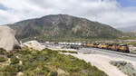 Am 27.06.2026 kam dieser Zug mit der Union Pacific durch den Cajon Pass aus San Bernadino kommend. Die Union Paciffic Maschinen k�mpfen sich die 20 Promille den Berg auf in Richtung Barstow, Kalifornien. An diesem Morgen war es anfangs sehr k�hl und dem entsprechend windig war das Areal. Zugeben sind an der Stelle, die Gebirgsz�ge eher klein, weshalb man an der Stelle eine Zugstrecke erbauen konnte