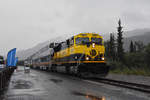 Am 16.08.2019 fahren wir mir der Alaska Railway vom Denali Nationalpark nach Anchorage. Hier fährt der Zug mit der Lok 4326 bei strömendem Regen bei der Station Denali Nationalpark ein.