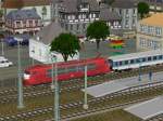 Screenshot aus der Modelleisenbahn-Simulation Eisenbahn.exe professionell (EEP): Eine BR 103 verlt mit einem Interregio einen Bahnhof.