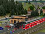 Screenshot aus der Modelleisenbahn-Simulation Eisenbahn.exe professionell (EEP): Ein moderner Triebzug (BR 612) und ein Nostalgiezug mit Dampflok BR 65 treffen sich an einem kleinen Bahnhof in den