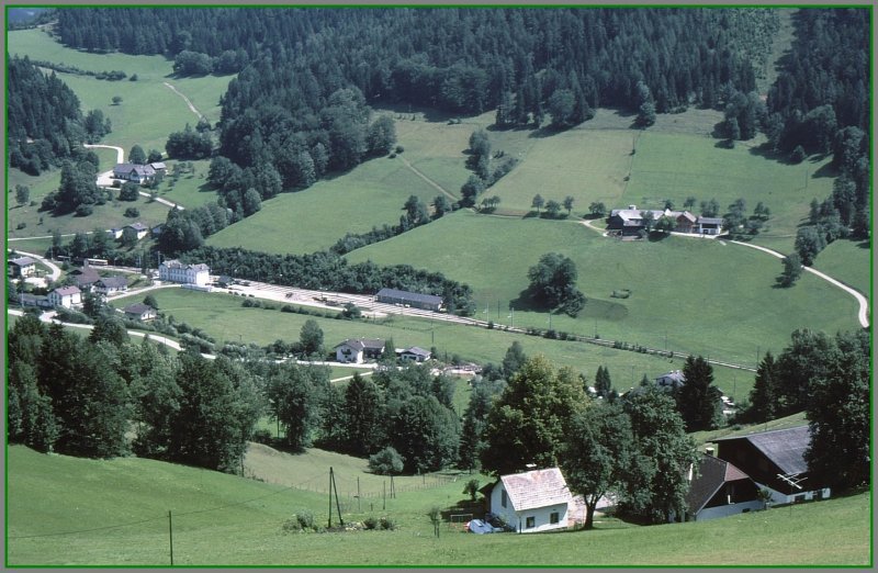 Tief unten im Tal liegt der Bahnhof Laubenbachmhle. Dort beginnt die Bergstrecke nach Mariazell. Das Foto habe ich aus dem bergwrts fahrenden Zug gemacht. (07/98)