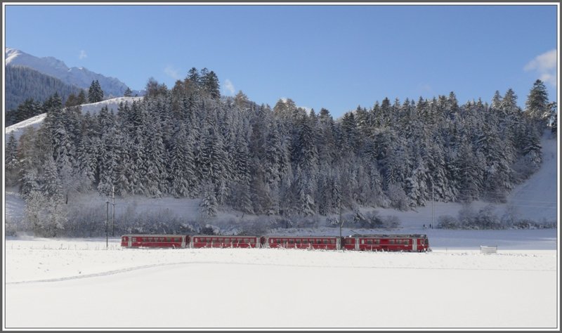 Tief verschneit zeigt sich die Landschaft bei Bonaduz den Passagieren des Be 4/4 Pendelzuges nach Chur. (23.11.2008)