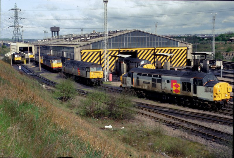 Tinsley Bahnbetriebswerk in der Naehe von Sheffield am 13. April 1992. 37113 und eine weitere class 37 und fuenf class 47s warten auf ihren naechsten Einsatz. Dieses Bahnbetriebswerk wurde 1997 nach der Privatisierung von Railfreight Distribution, ein Geschaeftsbereich von British Rail, geschlossen.