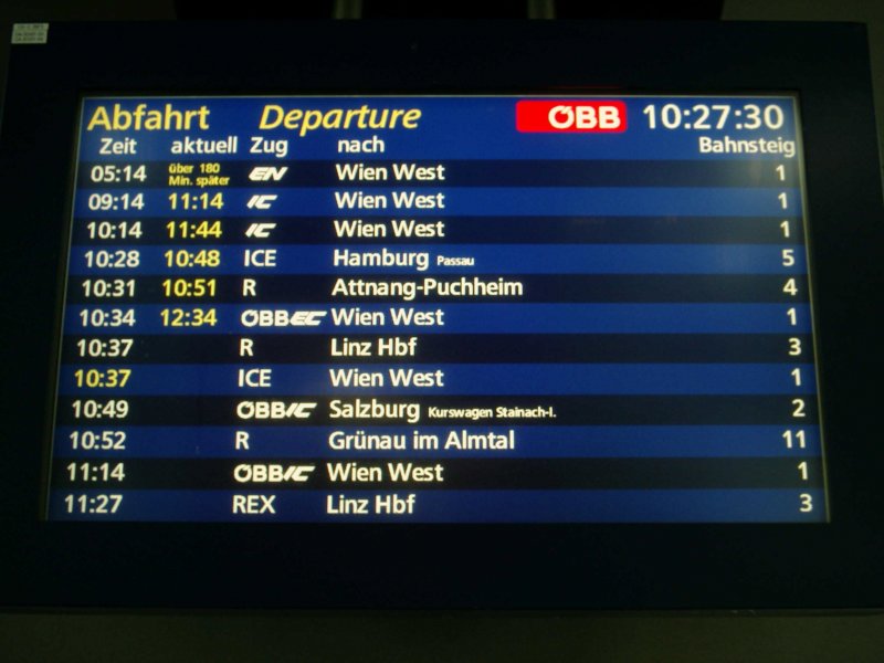 Tja, Orkan Kyrill hat halb Europa gehrig durchgeschttelt. Hier die Fahrplantafel in Wels am  Morgen danach . [19.01.06]