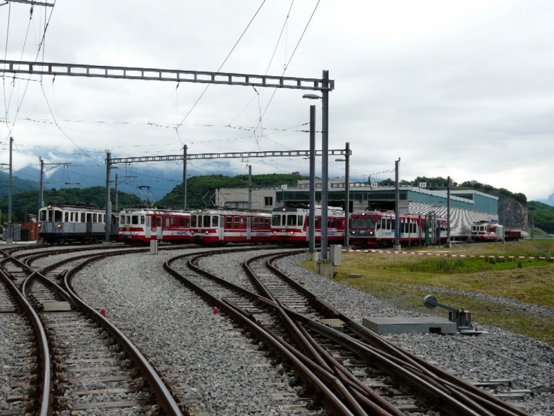 tpc (ex ASD - AL - AOMC /-/ AOMC 1908-2008 100 Jahre ) Fahrzeugparade am 07.06.2008 vor dem tpc Depot Chlex in Aigle mit dem AOMC Olteimer Triebwagen BCFe 4/4 6 neben BDeh 4/4 513 neben Be 4/4 103 neben BDeh 4/4 502 und dem Beh 4/8 591
