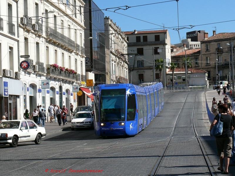 Tram Nummer 2019 fhrt auf der Linie 1 von der Brcke zum Bahnhof Montpellier Gare St-Roch.
Fr die Linie 1 wurden von 1999 bis 2002 30 Straenbahnen des Typs Citadis 301 vom Hersteller Alstom geliefert. Aufgrund des hohen Fahrgastaufkommens wurden die Triebwagen bis Ende 2003 mit Einfgen von Zwischenteilenzum Typ Citadis 401 erweitert und von 30 auf 40 Meter verlngert. 
Diese Bahnen fr die Linie 1 haben dieses eher kantige Gesicht und eine blaue Lackierung.