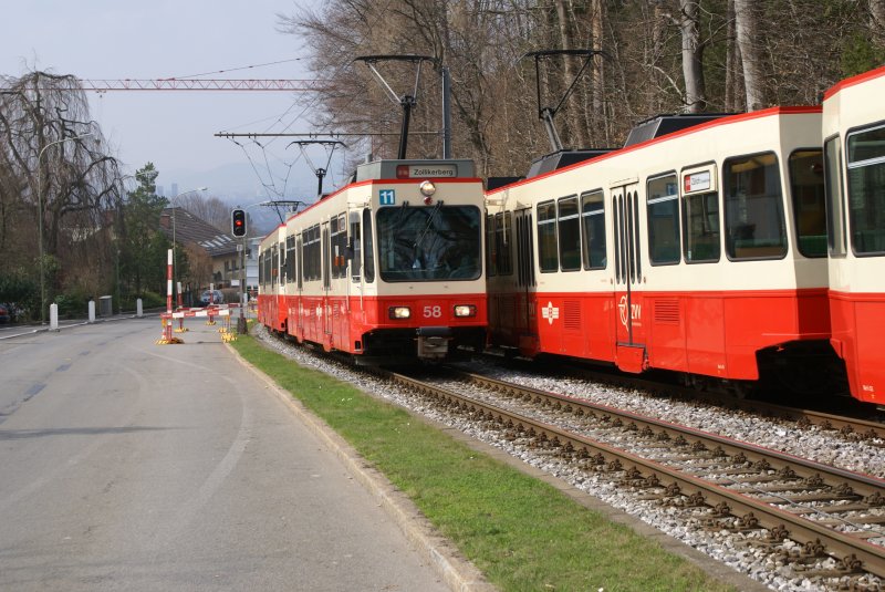 Tramersatzzug mit Be 4/4 58, Be 4/4 55 und Be 4/4 57 fhrt am 5.4.09 von Rehalp Richtung Waldburg. Sein Ziel ist Zollikerberg, wo der Zug gewendet wird.
