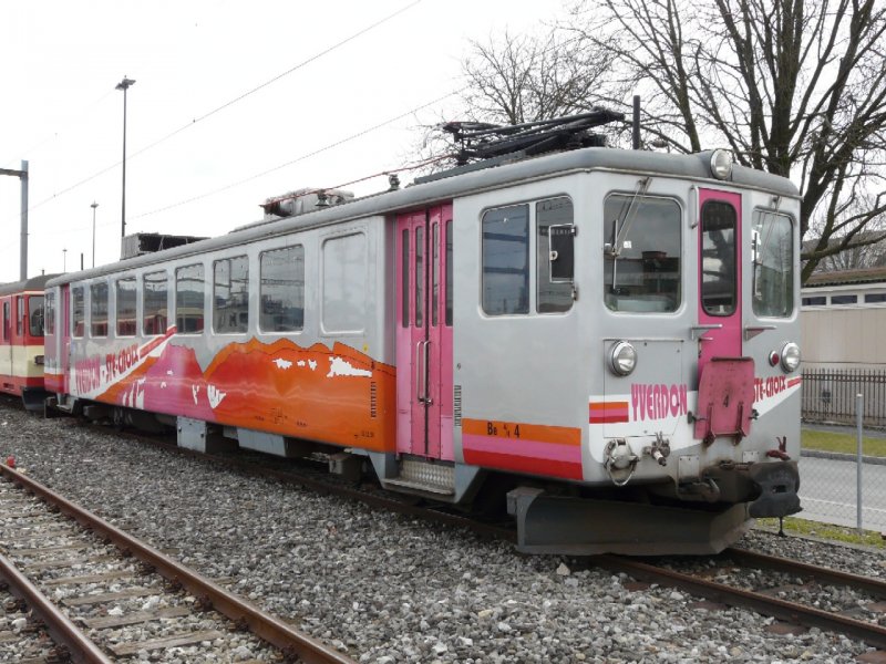 Travys -  Triebwagen Be 4/4  4  im Bahnhofsareal der Travys in Yverdon les Bains am 19.01.2008