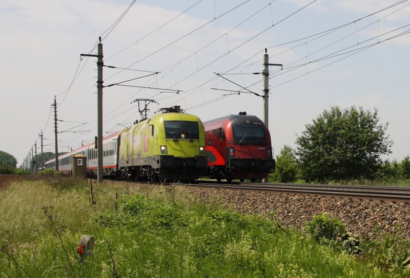 Treffen bei 2x200kmh: Telekom Lok 1116 033 mit IC747 Kopf an Kopf mit RC60 am 24. Mai 2009 zwischen H�rsching und Oftering.