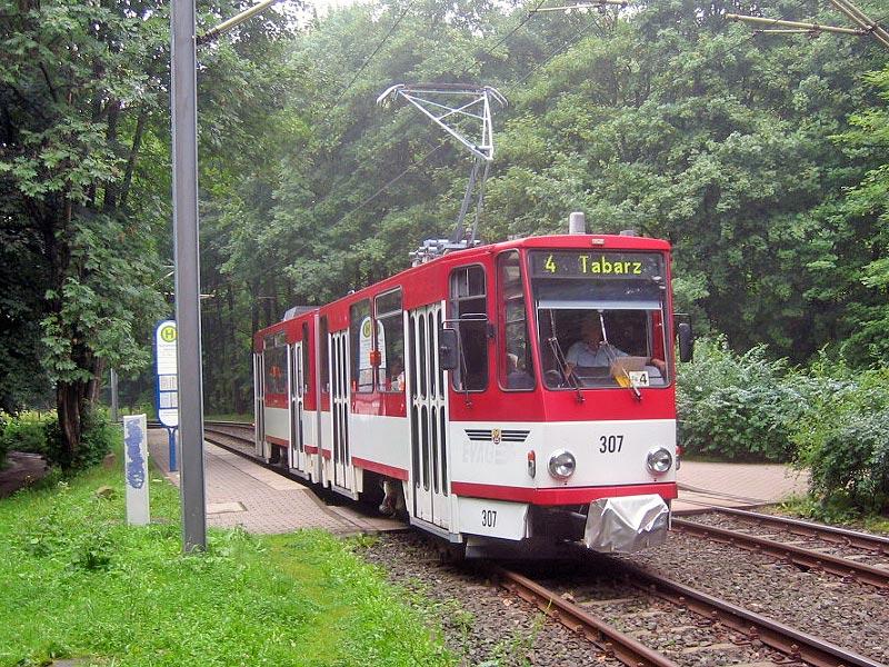 Triebwagen 307 bei der Ausfahrt aus der Haltestelle Reinhardsbrunn Bahnhof Richtung Friedrichroda am 24. Juli 2004.