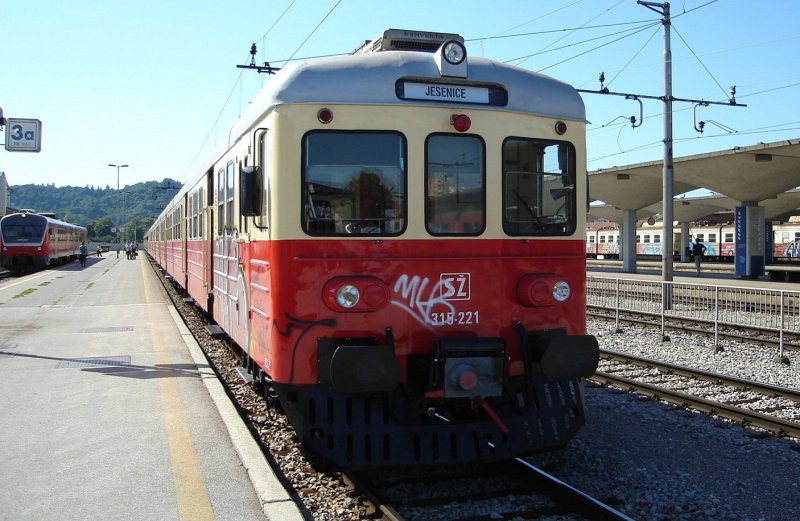 Triebwagen der BR 315-221 ist soeben aus Jesenice in Ljubljana eingetroffen. 1.09.09