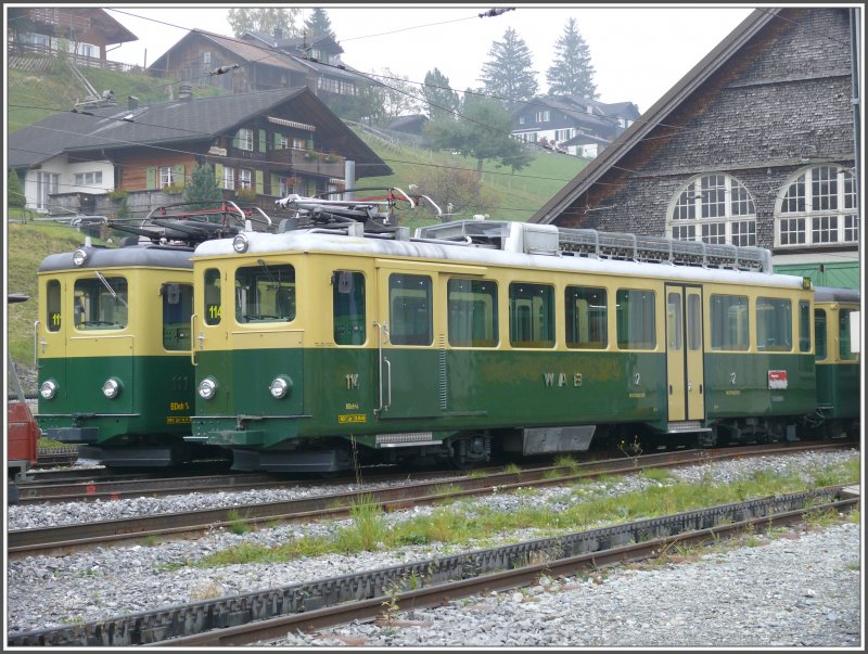 Triebwagen des Typs BDeh 4/4 wie hier 111 und 114 besorgten lange Zeit mit ihren Vorstellwagen den Gesamtverkehr auf der Strecke nach Kleine Scheidegg. Grindelwald Grund (11.10.2007)