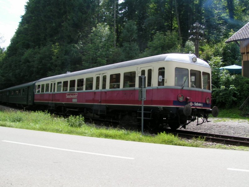Triebwagen VT3 hier als Schlusslicht am Zug Richtung Weizen an der Haltestelle Lausheim Blumegg. 19.08.06 