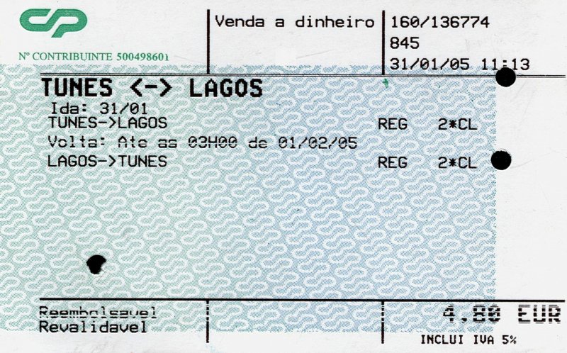 TUNES (Distrikt Faro), 31.01.2005, ein Fahrschein für eine Person von Tunes nach Lagos und zurück, gelöst am Bahnhof Tunes -- Fahrkarte eingescannt