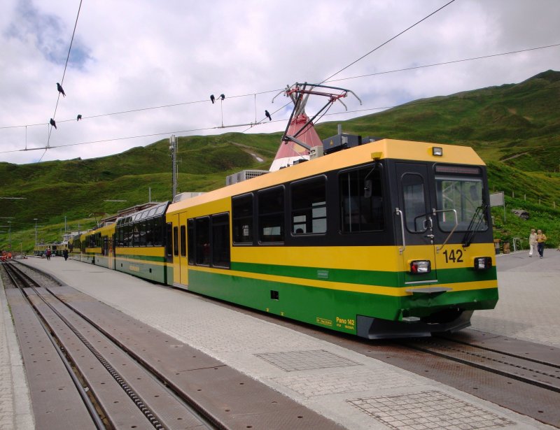 Tw 142 der Wengernalpbahn steht als Regio nach Grindelwald im Bahnhof Kleine Scheidegg. (9.7.09)