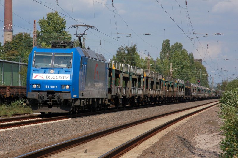 TXLogistics 185 510-5 mit Autotransporterzug der Firma ARS Altmann AG aus Wolnzach bei Pfaffenhofen an der Ilm (Bayern), gesehen am 27.08.2007 in Datteln. Loknummer: 94 80 0 185 510-5