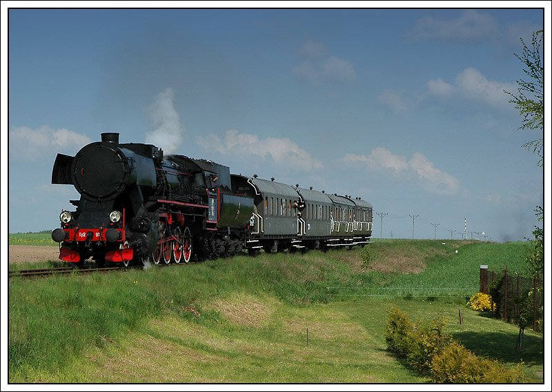 Ty2-911 aus dem BW Chabwka bespannte anlsslich der Dampflokparade in Wolsztyn am 3.5.2008 einen Sonderzug nach Leszno und wieder retour nach Wolsztyn. Die Aufnahme zeigt den Zug auf dem Weg nach Leszno ca. 3 Kilometer vom Bahnhof Wolsztyn entfernt.
