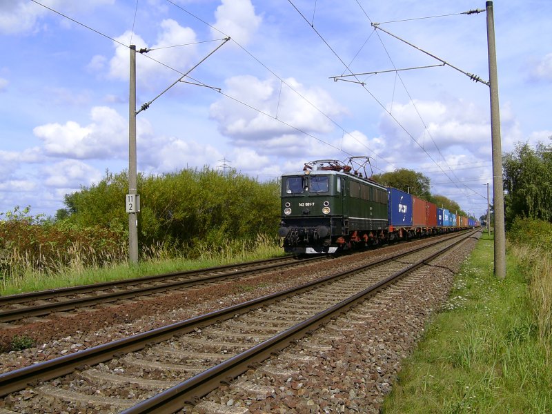 berraschugsgast 142 001-7 kommt vom Rbf. Alte Sderelbe mit einem Containerzug durch Moorburg. Aufgenommen am 11.09.2009