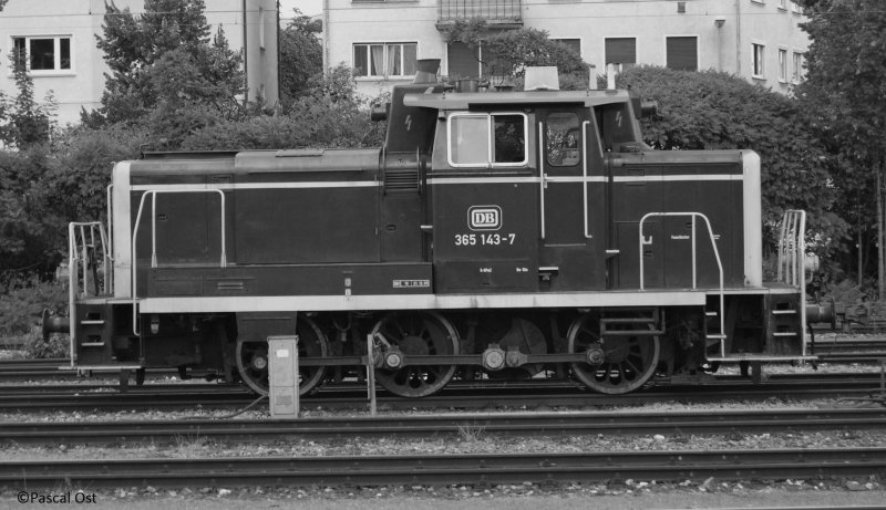 Ulm im Jahre 1980, die ozeanblau-beige 365 143-7 verweilt auf einem Abstellgleis. Doch ein entscheidendes Detail verrt das wirkliche Aufnahmedatum, die Aufschrift  REV TU 21.12.05 . Das reelle Aufnahmedatum lautet 28.8.2009.