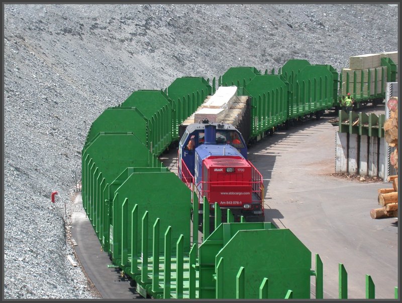 Umgeben von deutschen Laaps wartet die Am 843 076-1 von SBB Cargo bis die Wagen hinter ihr beladen sind. Das geht schnell, zwei Stapler-Ladungen fllen den Bahnwagen. Stallinger Sgerei am 24.05.2007
