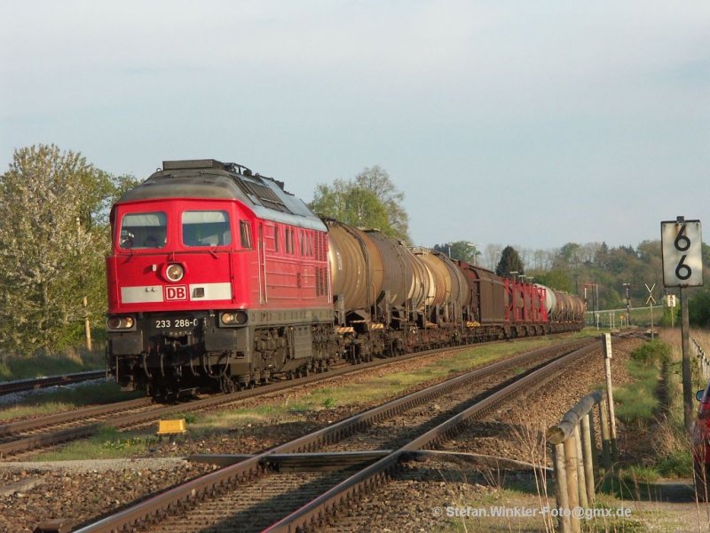 Und wieder T�ssling im Abendlich. 232... wartet auf den entgegenkommenden 628 und das Abfahrsignal...... Auch hier ist es Fr�hling - sch�n !