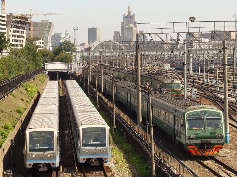 Underground line at left and tracks of Kiev Railway terminal at right with EMU train ED4M, Moscow 11 Aug. 2007