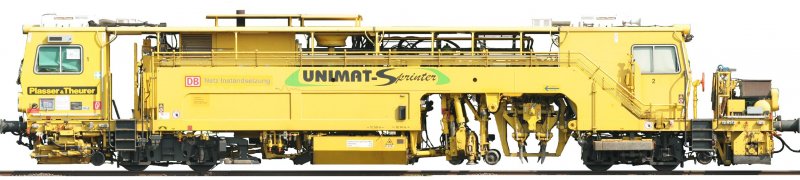 UNIMAT-Sprinter DB Netz Instandsetzung, fotografiert auf der linken Rheinstrecke bei Ingelheim, freigestellt und verkleinert (Originalgre 5310 x 1100 Pixel), aufgenommen in animierbarer Seitenansicht.