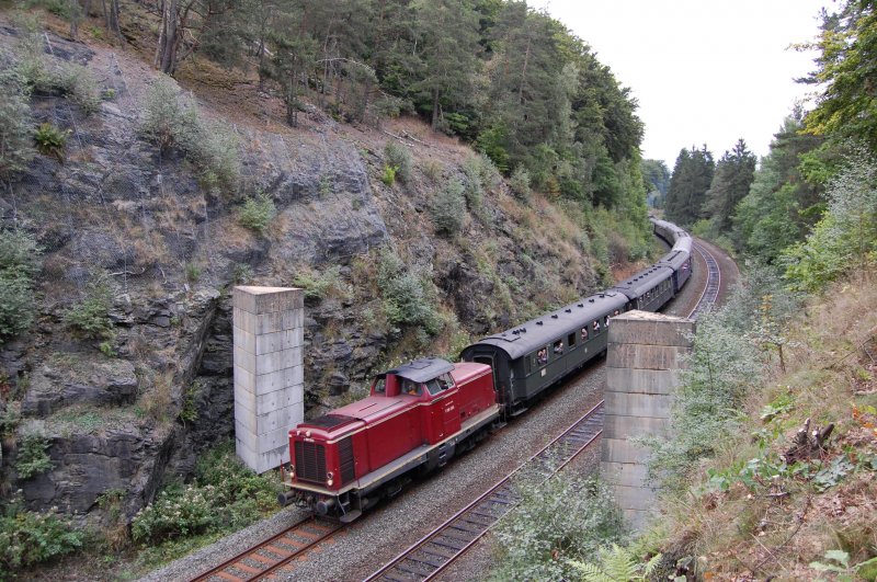 V100 1365 mit dem 6. Pendelzug auf der Rckfahrt von Marktschorgast nach Neuenmarkt-Wirsberg am 20.09.2008. 