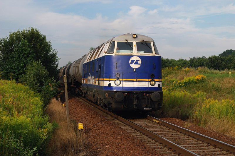 V180 (Lok 205, InfraLeuna) mit Kesselzug bei Wetterzeube (06.08.2008)