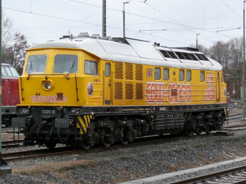 V300.10 (232 446-5) der EBW-Cargo steht geparkt im Bhf Stolberg. Aufgenommen am 08/03/2009.