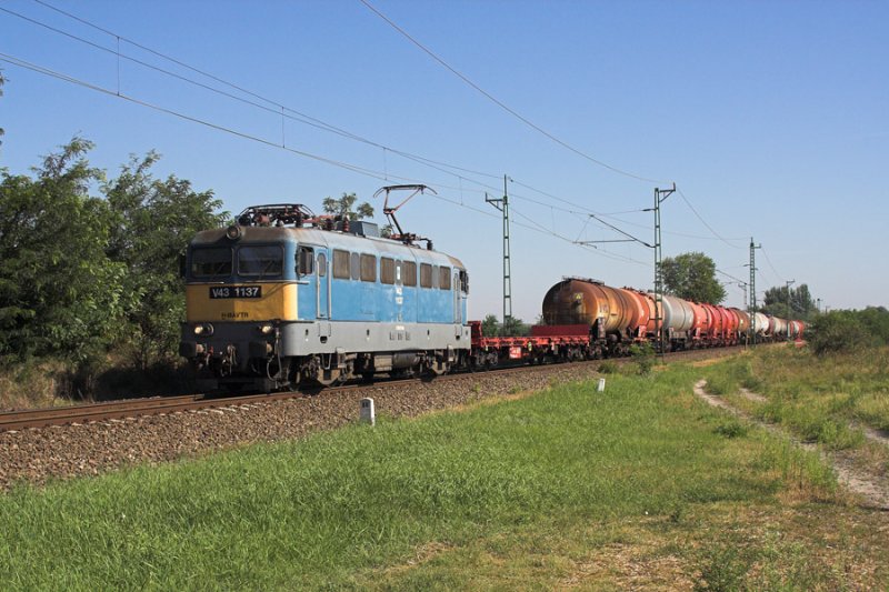 V43 1137 mit einem Gterzug bei der Einfahrt in den Bahnhof Nyrsapt.