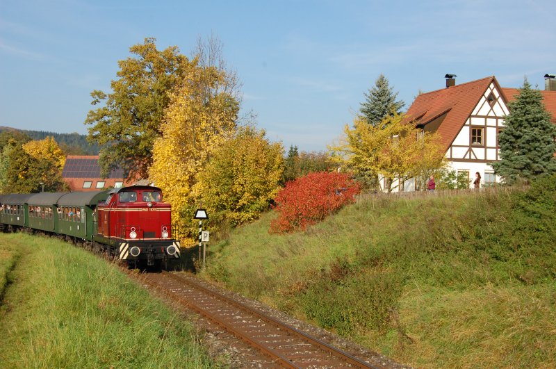 V60 11011 mit einem Sonderzug bei der Ausfahrt aus Simmelsdorf am 12.10.2008