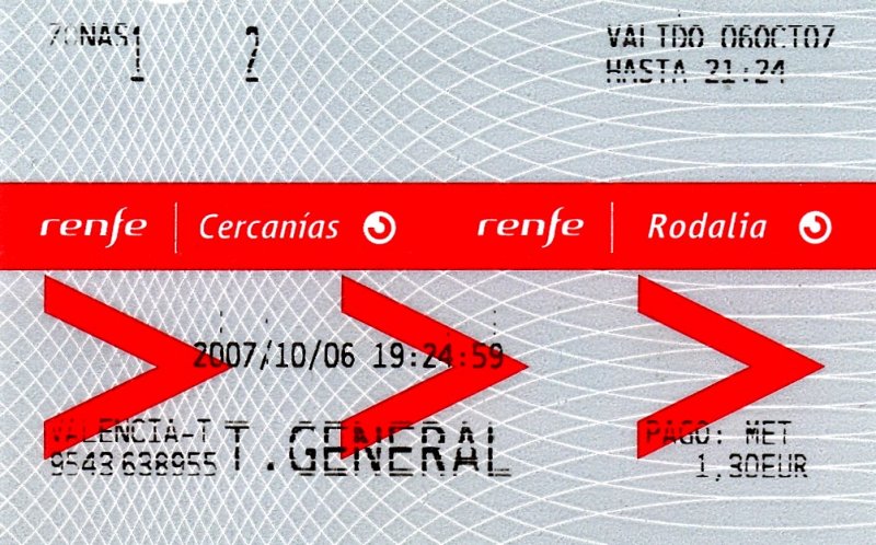 VALENCIA (Valencia/Provinz Valencia), 06.10.2007, Fahrkarte für den Vorortzug für eine einfache Fahrt von Valencia nach Massalfassar, gelöst in Valencia Estaciò Nort -- Fahrkarte eingescannt