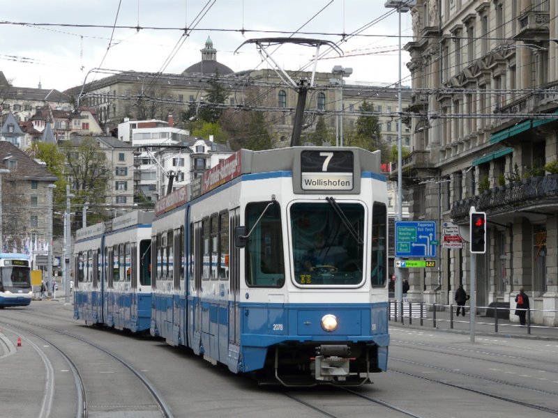 VBZ - Strassenbahn Be 4/6 2078 unterwegs auf der Linie 7 in Zrich am 19.04.2008