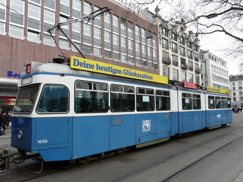 VBZ - Tram Be 4/6 1658 unterwegs auf der Linie 2 am 14.03.2009