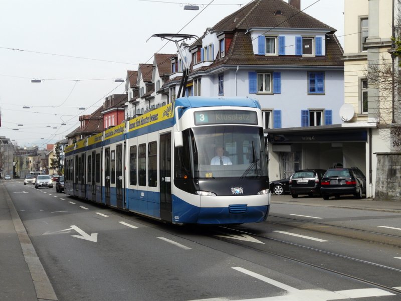 VBZ - Tram Be 5/6 3025 unterwegs auf der Linie 3 am 14.03.2009