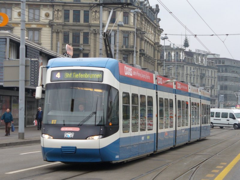 VBZ - Tram (Cobra) Be 5/6 3008  eingeteilt auf der Linie 4 am 01.01.2008