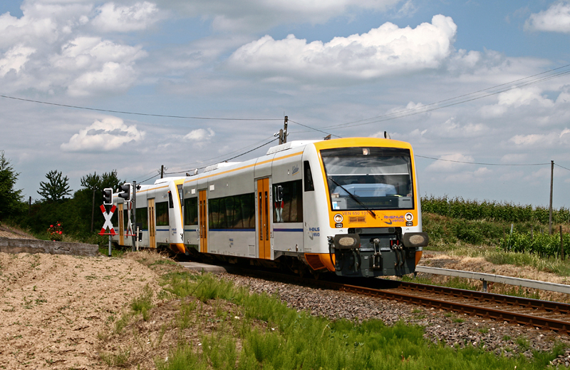 VEN 650 131 „Seelztaler“ und VEN 650 132 „Elwetritsche“ fahren am 13. Juni 2009 als VEN 10119 von Alzey nach Kirchheimbolanden. Die Aufnahme entstand zwischen Alzey West und Walheim.