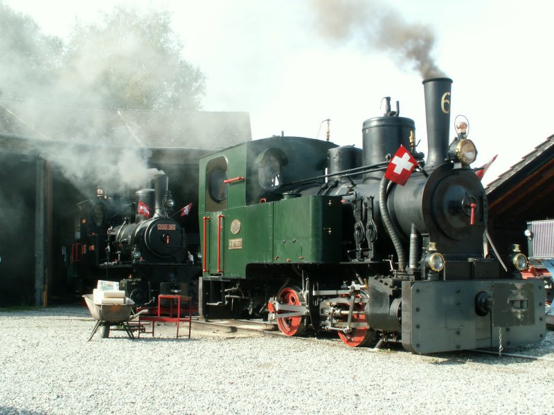 Verein Rhein-Schauen.Jetzt wird angeheizt!! Lok Nr.200-90(Maffei 1920)und Lok  Widnau ex.St.Gallen(Jung 1910)vor dem 4 st�ndigen Schuppen.Geheizt wird mit Holzpellets.Lustenau 12.10.08