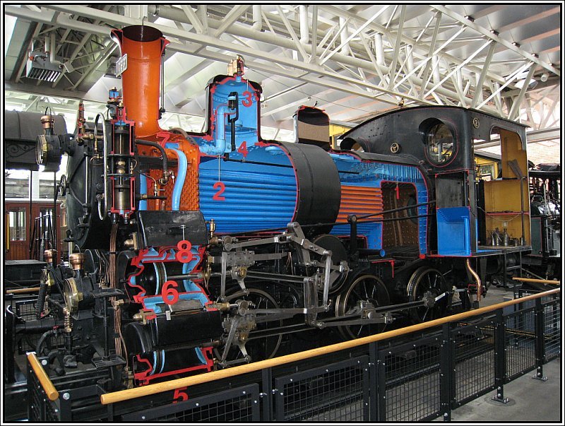 Verkehrshaus der Schweiz in Luzern am 21.07.2007. Im Bild eine  aufgeschnittene  Dampflok, mit der in Vorfhrungen das Funktionsprinzip einer Dampflok dargestellt wird.