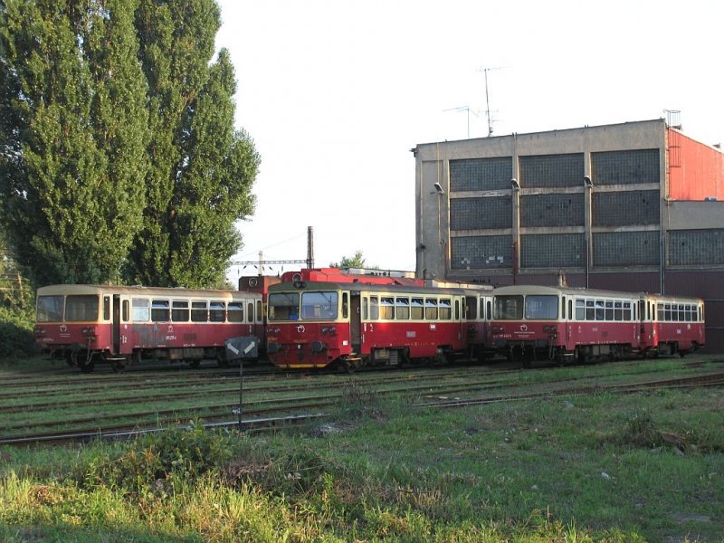 Verschiedene Schienebusse (v.l.n.r. 011 271-4, 810 450-7, 011 402-5) auf Bahnbetriebswerke Leopoldov am 12-08-2005.