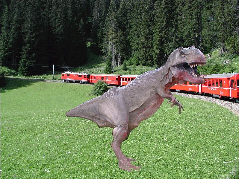 Verstehen Sie Spass?  Hoffentlich sind die Passagiere im Zug der
Rhtischen Bahn,von Chur nach Arosa nicht zu sehr erschrocken 
(Es ist brigens ein Tyrannosaurus Rex)