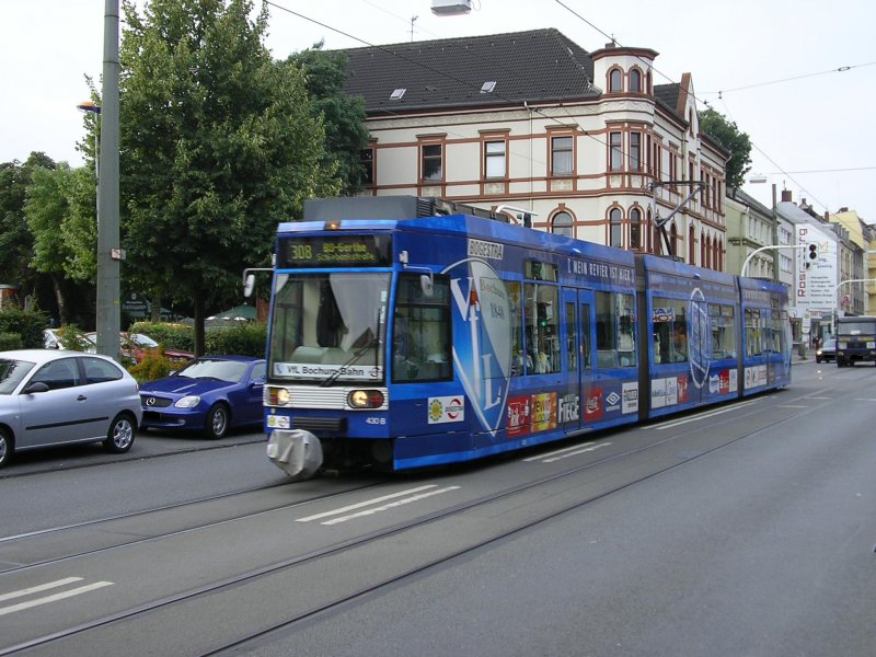  VFL-Bochum-Bahn  Wagen 430B/A von Hattingen Mitte  S  nach
Bochum Gerthe,Hattinger Strasse/Kohlenstrasse.(27.08.2008)