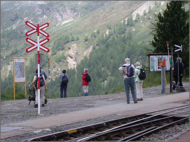 Volkssport Nr. 1 in der Schweiz ist wandern. Um auf die Alp Grm zu gelangen braucht es Wanderschuhe oder die Rhtische Bahn, denn die nchste Strasse liegt kilometerweit weg. Fr Eisenbahnfotografen sehr ideal ist der Wanderweg von Ospizio Bernina ber Alp Grm und Cavaglia nach Poschiavo, kreuzt man doch unzhlige Male die Geleise der Berninabahn. (05.06.2007)
