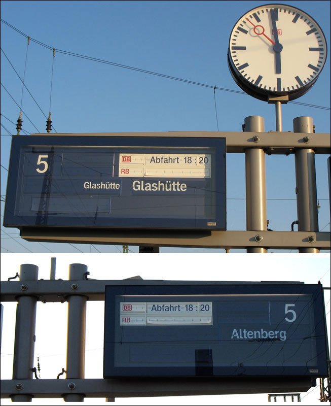 Vom Gleis 5 geht es 18:20 ber Glashtte nach Altenberg, … man muss nur beide Seiten der Anzeige lesen und richtig interpretieren - Heidenau, 21.09.2006
