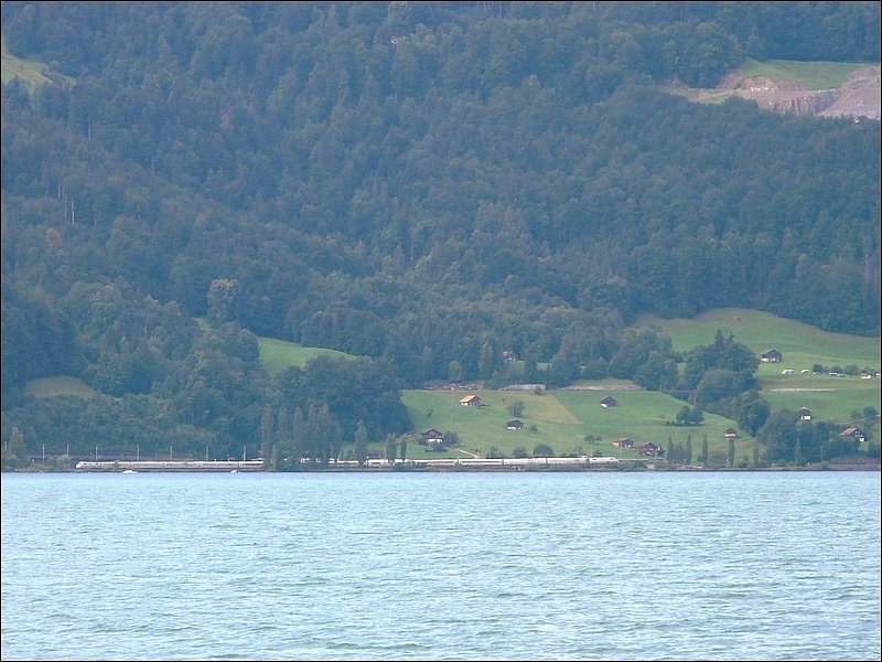 Vom Schiff auf dem Thuner See aus, konnte ich am 29.07.08 den ICE Berlin Ost-Interlaken Ost ablichten. Er befhrt hier den Streckenabschnitt Spiez-Interlaken West, welcher grtenteils entlang des Sees verluft. (Jeanny)