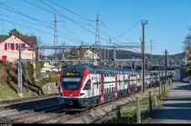 RABe 511 050 und ein weiterer RVD haben am 10. März 2017 als S12 nach Brugg gerade den Bahnhof Winterthur Grüze verlassen.