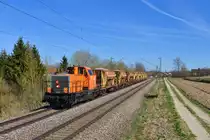 214 029 mit einem Schotterzug am 26.03.2017 bei Langenisarhofen. 