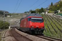 SBB: IC Genf-Luzern mit der Re 460 083-9 bei Grandvaux am 8. April 2017.
Foto: Walter Ruetsch 